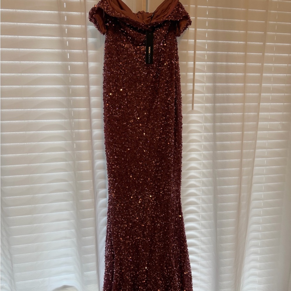 Fashion Nova Strapless Sequin Gown in Wine